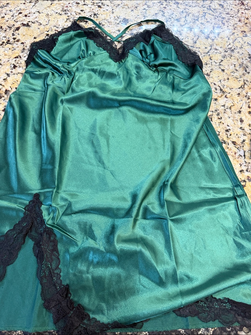 Emerald Satin Chemise with Black Lace Trim
